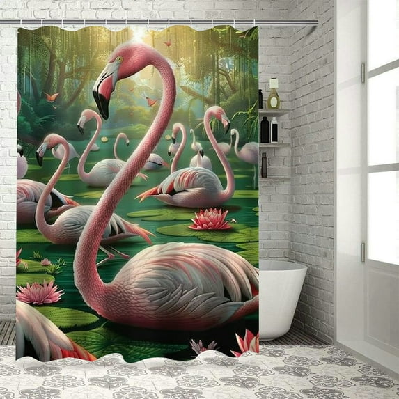 Orinice Flamingo Shower Curtain, Serene Birds Surreal and Peaceful Nature Scenery Forest and Lake, Cloth Fabric Bathroom Decor Set with Hooks, 36x72
