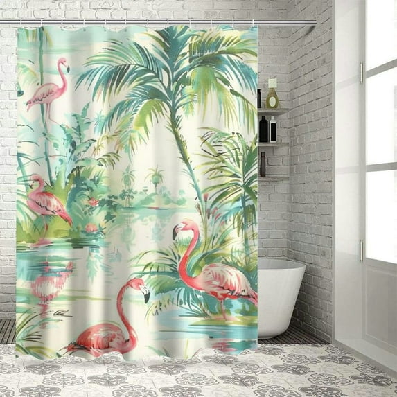 Orinice Flamingo Shower Curtain Tropical Forest Shower Curtain Botanical Leaves Bathroom Curtain Oil Painting Lake Bath Curtain Waterproof Artist Bathroom Decor with Hooks, 69x72