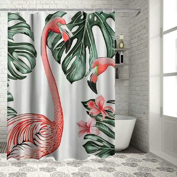 Orinice Flamingo Shower Curtains Tropical Jungle Pink Bird Plant Green Palm Tree Banana Leaves Bathroom Shower Curtain Set Home Decorative Waterproof Polyester Fabric with Hooks 36x72