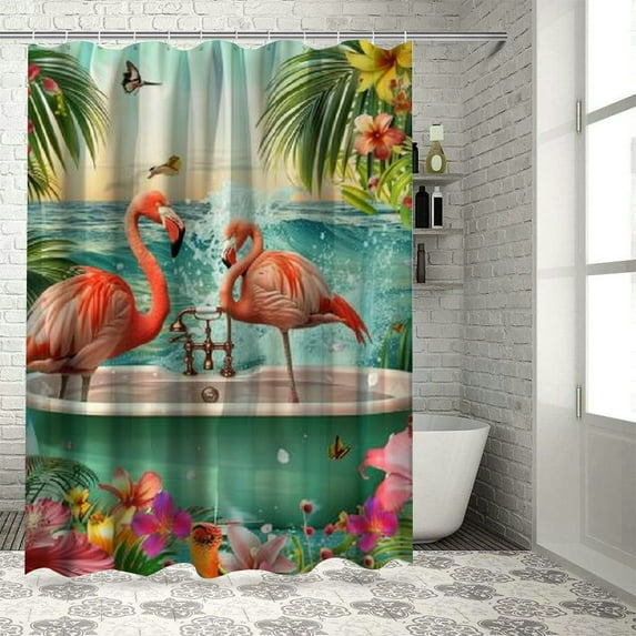 Orinice Flamingo shower curtain set, blue ocean beach tropical pink bird colored coral in bathtub fun floral bathroom shower curtain with hooks 60x72