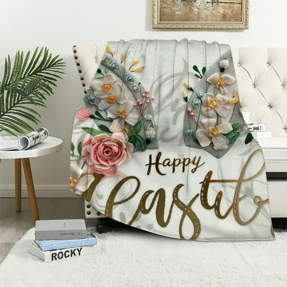 Orinice Floral Bunny Ears Warm Lightweight Blanket Soft Fleece Blankets Throw Blanket for All Seasons Living Rooms Sofa Decor Cow Gifts Easter Blanket 60x80in