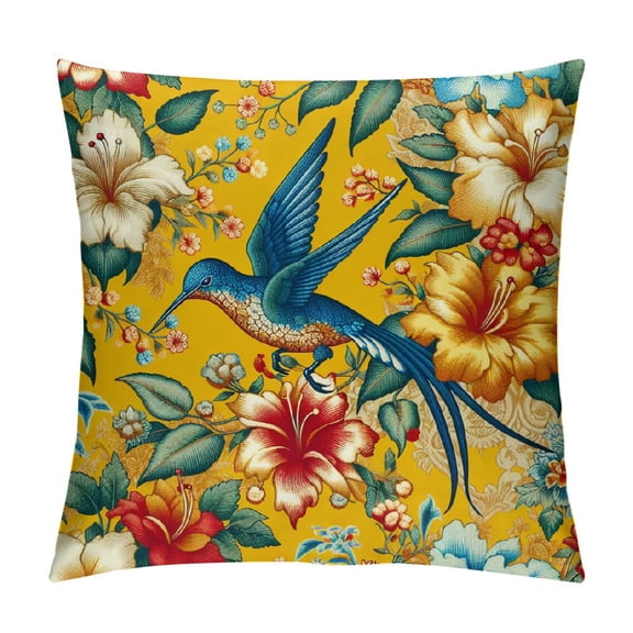 Orinice  Floral Hummingbird Pillow Cover, Yellow White