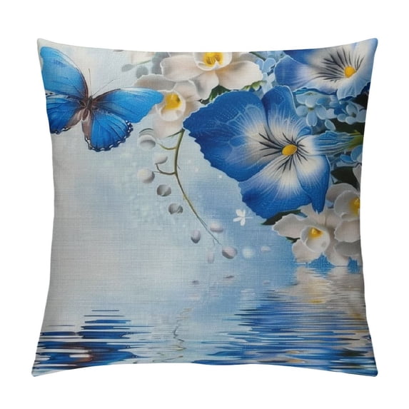 Orinice Floral Pillow Cover Cotton Linen, Blue and White Wild Flowers with Monarch Butterflies Lily Therapy Spa Art Prints Decorative Pillow Cover Cushion Cover Home Decor Pillowcase for White