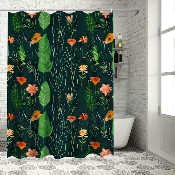 Orinice Floral Stall Shower Curtain, Exotic Hibiscus Banana Leaves Bird of Paradise Leaves and Split Leaf Philodendron, Fabric Bathroom Decor Set with Hooks, 36x72