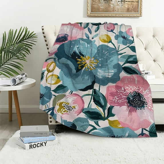 Orinice Flower Pattern Pink Blue Warm Lightweight Soft Fleece Blanket Throw Blanket Living Room Sofa Decor Cow Gifts All Seasons Blanket Multiple Sizes 60x80in