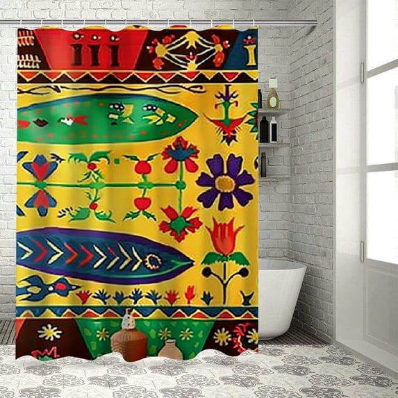 Orinice Flowers Fish Design Folk Art Bathroom Decor Set Colorful Luxurious Polyester Shower Curtain with Hooks 60x72