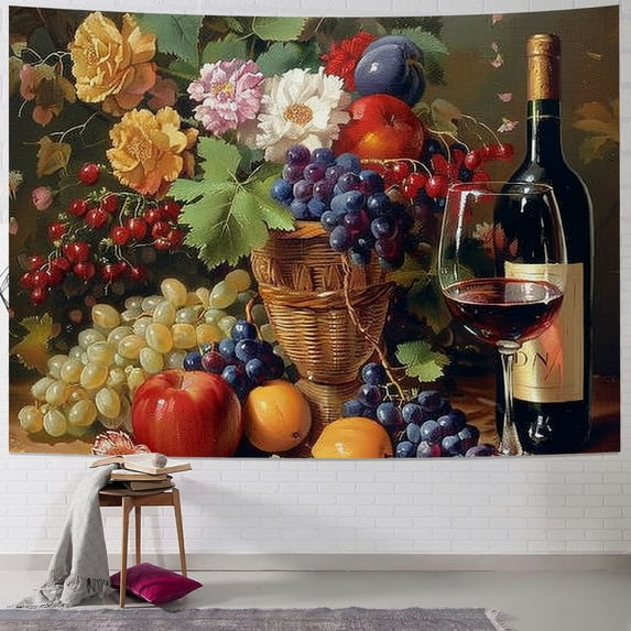Orinice Flowers Fruits Wine Tapestry Wall Hanging Unique Style Graphic Tapestries Home Wall Decor Art for Living Room Bedroom Apartment Farmhouse Dorm 60x50inch