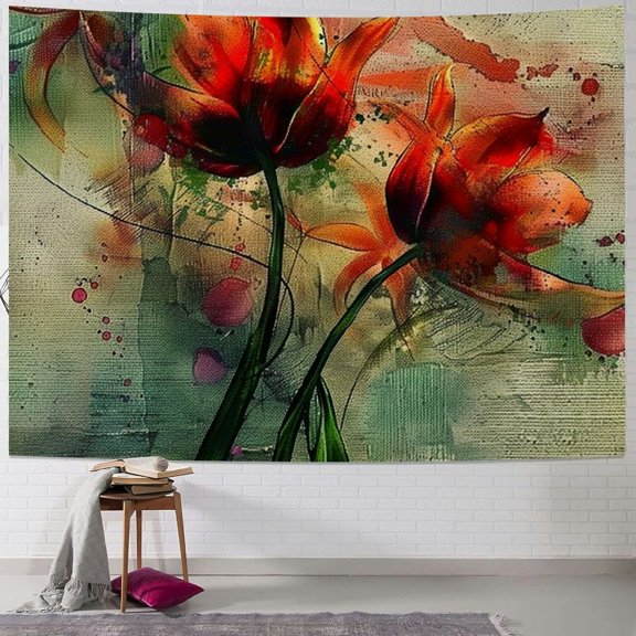 Orinice Flowers Grungy Background Green Stem Tapestry Wall Hanging Unique Style Graphic Tapestries Home Wall Decor Art for Living Room Bedroom Apartment Farmhouse Dorm 40x60inch