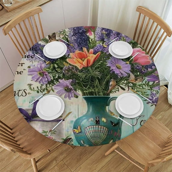 Orinice Flowers Hummingbird Round Table Cover Stain Resistant Washable Indoor Outdoor Tablecloth Kitchen Dining Wedding Parties 100% Polyester Fiber 42-46