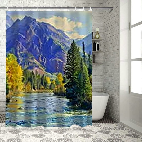 Orinice Forest Mountains River Bathroom Decor Set, Colorful Luxurious Graphic Print Polyester Fabric Shower Curtain with Hooks, 100% Polyester Washable Shower Curtain and Hooks Set 69x72