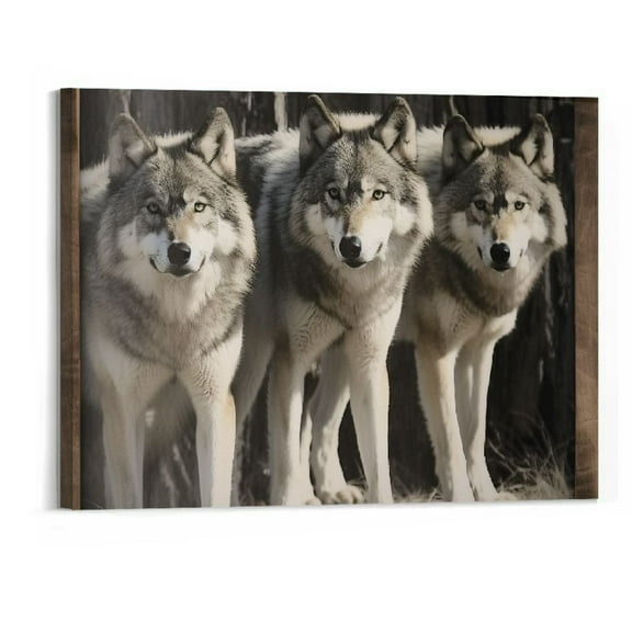 Orinice Framed Wolf Wall Art Decor: 3 Wolves Rustic Wild Animals Picture Wooden Wildlife Painting Farmhouse Prints For Bedroom Living Room 20x16in