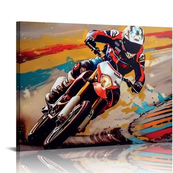Orinice Frameless Canvas Wall Art Print,Motorcycle Dirt Bike Racer Wall Art,Large Size Oil Painting Decor Artwork for Kitchen Living Room Bedroom 20x16in