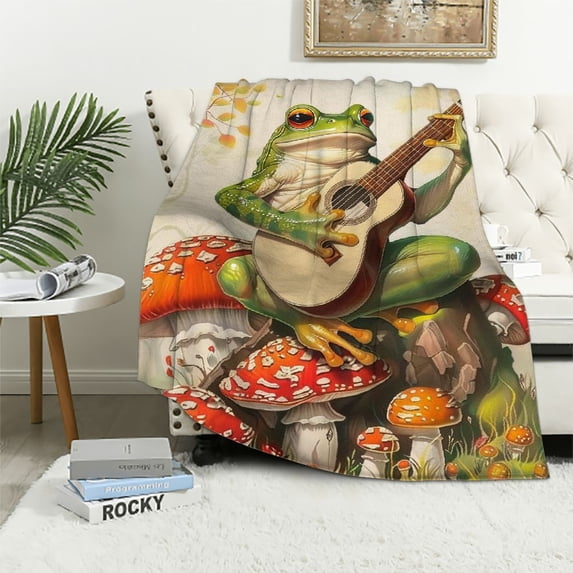 Orinice Frog Mushroom Blanket Gifts for Kids Funny Frog Play Guitar Flannel Throw Blankets Soft Comfy Lightweight for Home Decor Couch Bed Sofa 50x60in