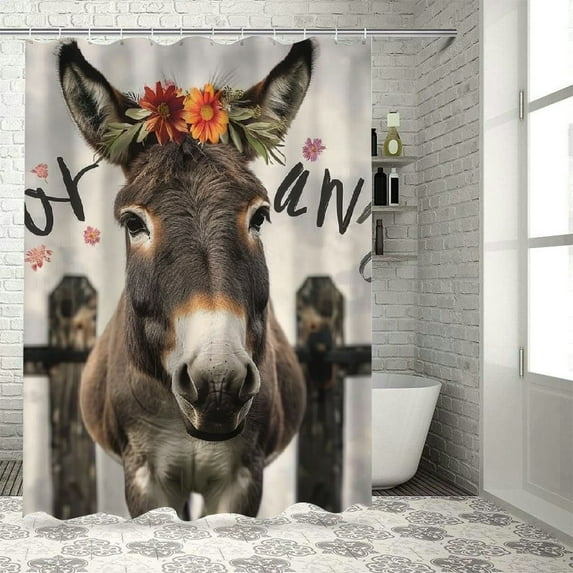 Orinice Fun Donkey Shower Curtain Farmhouse Animals Funny Country Cute Shower Curtain Bathroom Set Vintage Plank Floral Waterproof Bathroom Decoration Accessories Home Decoration 36x72