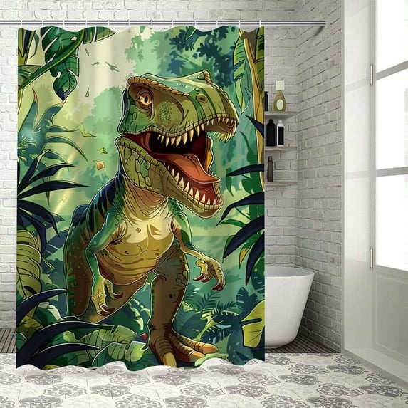 Orinice Funny Dinosaur Shower Curtain Cute Cartoon Vintage Primary Forest Animal Banana Leaf Theme Small Window Curtain Bathroom Decor Set with Hooks Waterproof Washable  69x72