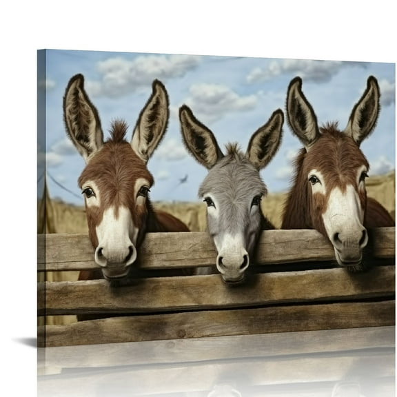 Orinice Funny Donkey Canvas Prints Farm Animal Wall Art Vintage Pictures for Rustic Farmhouse Bathroom Decor Framed 16x12in