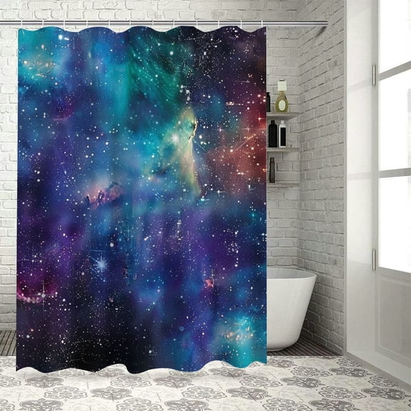 Orinice Galaxy Outer Space Glow in The Dark Shower Curtain Set Nebula Metal Hooks 12-Pack Universe Planets Magical Fantasy Starry in Blue Sky Ocean Decor Fabric Panel Bathroom WW-CLLE 69x72
