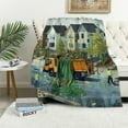 thumbnail image 1 of Orinice  Garbage Truck Soft Flannel Fleece Throw Blanket, Truck on The Road with Houses on The Background Men Picking The Trash, Cozy Plush for Indoor and Outdoor Use, Teal Green 50x60in, 1 of 6