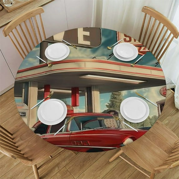 Orinice Gas Pump Round Table Cover Stain Resistant Washable Indoor Outdoor Tablecloth Kitchen Dining Wedding Parties Outdoor Fitted 100% Polyester Fiber 46-50
