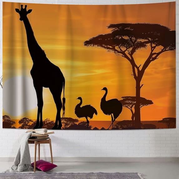 Orinice Giraffe Ostrich Sunset Tapestry Wall Hanging Unique Style Graphic Tapestries Home Wall Decor Art for Living Room Bedroom Apartment Farmhouse Dorm 60x50inch
