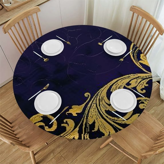 Orinice Gold Swirl Design Round Table Cover Stain Resistant Washable Indoor Outdoor Tablecloth Kitchen Dining Wedding Parties 100% Polyester Fiber 54-58