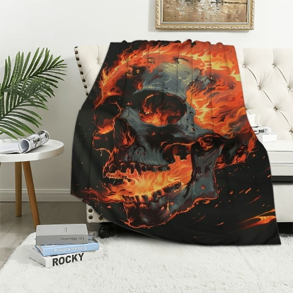 Orinice Gothic Skull on Fire Blanket Gifts for Adults Women Men Skeleton Flannel Throw Blankets Soft Fuzzy Lightweight for Home Decor Couch Bed Sofa 50x60in