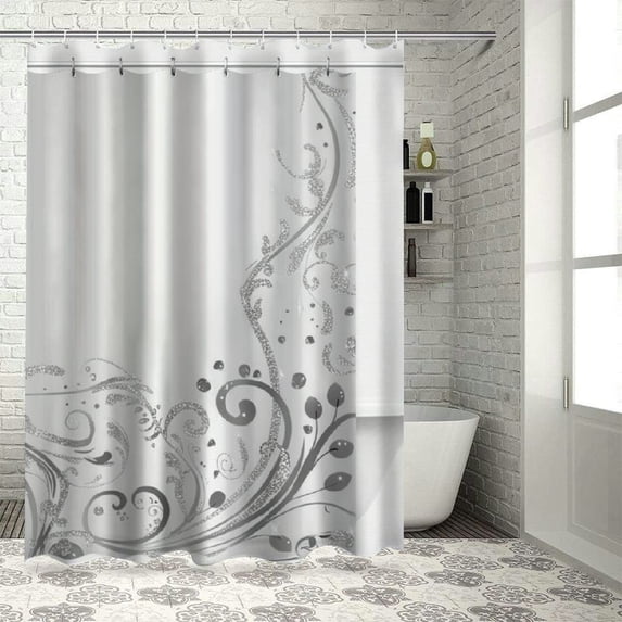 Orinice Grey Shower Curtain, Ornament Border with Swirls Dots in Rococo Style Renaissance Details, Cloth Fabric Bathroom Decor Set with Hooks, White