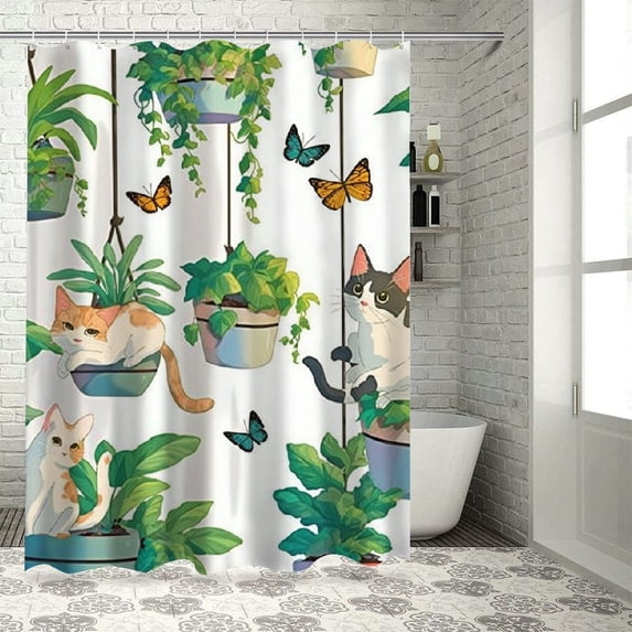 Orinice Hanging Potted Plant Cat Shower Curtain, Bracketplant Kitty Bathroom Shower Curtain with 12 Hooks Polyester Fabric Waterproof Shower Curtain Set Machine Washable Kids Shower Curtain 60x72