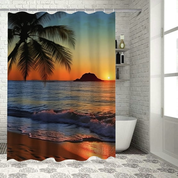 Orinice  Hawaiian Shower Curtain, Pacific Sunrise at Lanikai Beach Hawaii Wavy Ocean Surface Colorful Sky Scene, Cloth Fabric Bathroom Decor Set with Hooks,  60x72