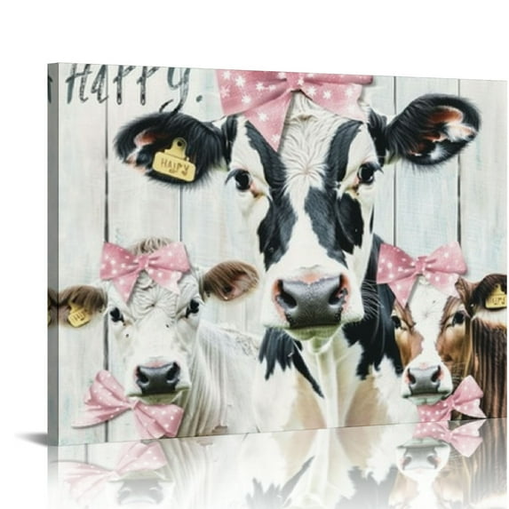Orinice Hay Girl Hay Cow Wall Art, Rustic Vintage Country Animal Cows Farm Print Framed Canvas Painting Artwork For Home Farmhouse Bedroom Living Room Girls Room Office Decor 20x16in