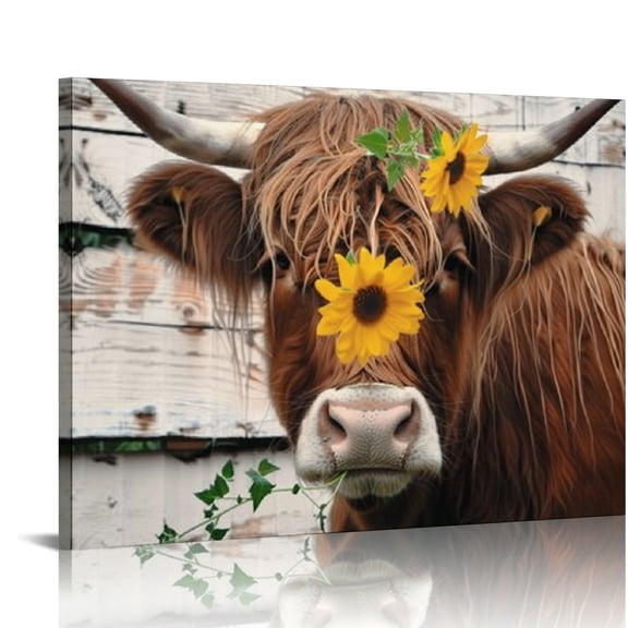 Orinice Highland Cow Canvas Wall Art Farm Animal Pictures Wall Decor Rustic Longhorn Cattle Picture Print Farmhouse Decor Frame 20x16in