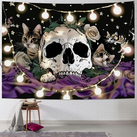 Orinice Hippie Skull Tapestry Witchy Cat Tapestry Moon Phase Tapestries Mushroom Flower Plant Tapestry Boho Aesthetic Tapestry Wall Hanging for Bedroom Home Dorm(51.2 x 59.1 inches) 50x40inch