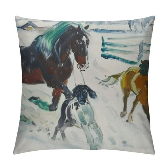 Orinice Horse Dog Snow Graphic Decorative Cushion Throw Pillow Cover Short Plush Soft Durable 1PC 18x18in