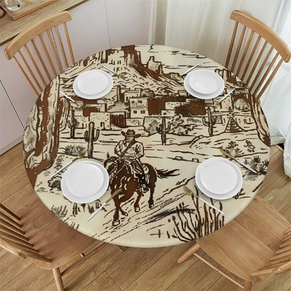 Orinice Horse Riding in Desert Round Table Cover Stain Resistant Washable Indoor Outdoor Tablecloth Kitchen Dining Wedding Parties 100% Polyester Fiber 54-58