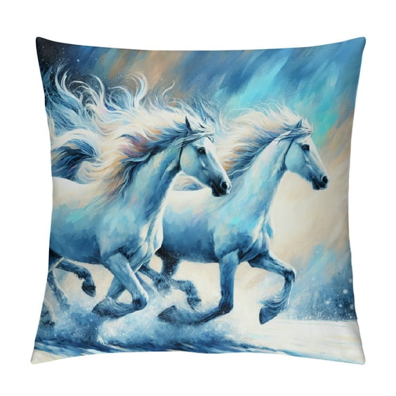 Orinice Horse Throw Pillow Cushion Cover, 2 White Stallions Gallop on Snow Field Natural Landscape Winter Trees, Decorative Square Accent Pillow Case, White