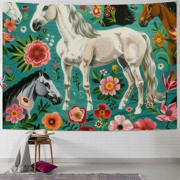 Orinice Horses Flowers White Horse Tapestry Wall Hanging Unique Style Graphic Tapestries Home Wall Decor Art for Living Room Bedroom Apartment Farmhouse Dorm 60x50inch