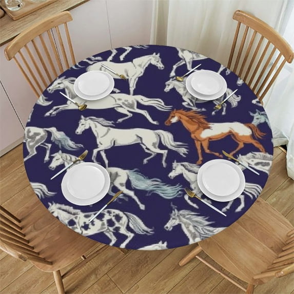 Orinice Horses Pattern Vintage Round Table Cover Stain Resistant Washable Indoor Outdoor Tablecloth Kitchen Dining Wedding Parties 100% Polyester Fiber 31-35