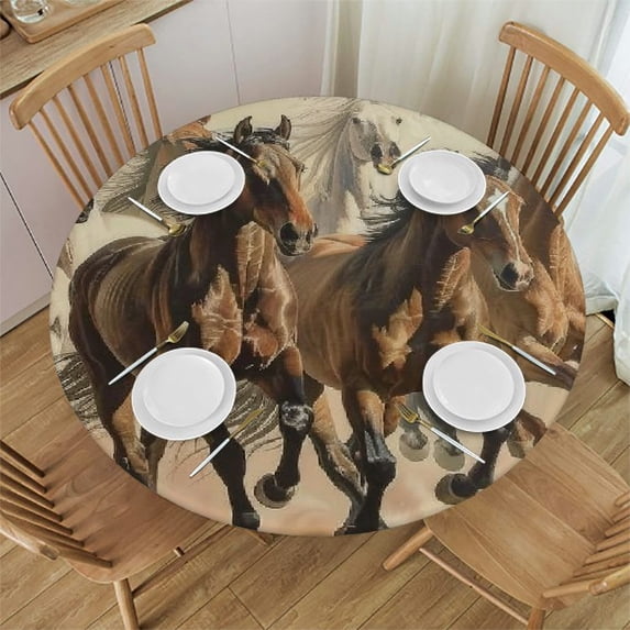 Orinice Horses Sand Sky Round Table Cover Stain Resistant Washable Indoor Outdoor Tablecloth Kitchen Dining Wedding Parties Waterproof Fabric 100% Polyester 31-35