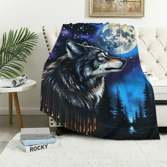 Orinice Howling Moon Wolf Blanket Cool Indians Headdress Throw Blankets Gifts for Adults Lightweight Soft Fleece Cozy for Sofa Couch Bed Room Travel Party Birthday Party Decor 40x50in