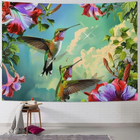 Orinice Hummingbirds Flowers Sky Tapestry Wall Hanging Unique Style Graphic Tapestries for Home Decor Living Room Bedroom Dorm Apartment Farmhouse 50x40inch