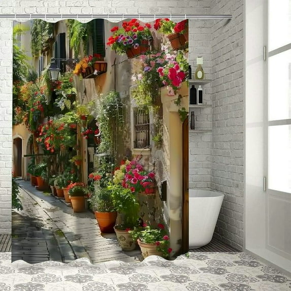 Orinice Italian Street Shower Curtain Tuscan European Vintage Old Street Flowers Green Plant Nature Scenery Garden Mediterranean Rustic Fabric Bath Curtain with Hook 36x72