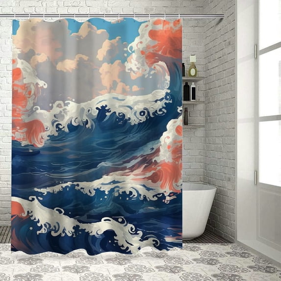 Orinice Japanese Ocean Shower Curtain Nautical Blue Sea Wave Beach Theme Small Window Curtain Bathroom Decor Set with Hooks Waterproof Washable 60x72