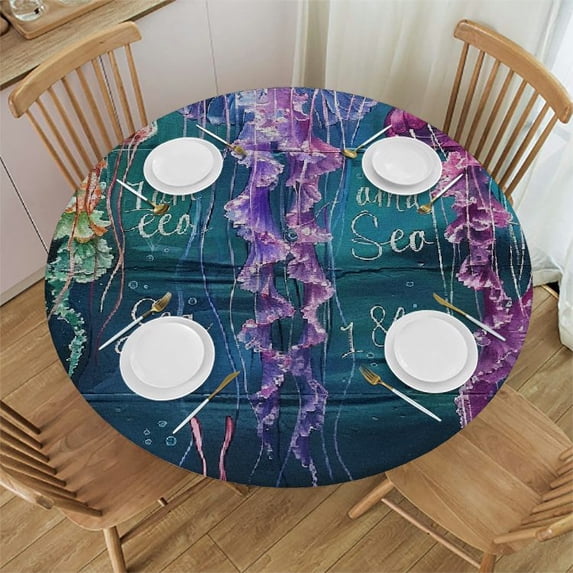 Orinice Jellyfish Marine Life Round Table Cover Stain Resistant Washable Indoor Outdoor Tablecloth Kitchen Dining Wedding Parties 100% Polyester Fiber 54-58