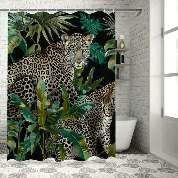 Orinice Jungle Leopard Bathroom Shower Curtain Safari Animal Tropical Palm Tree Green Banana Leaves Bathroom Curtains 72x72 Inch Polyester Fabric Cloth Plastic Hooks Grommets 60x72