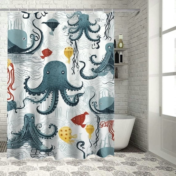 Orinice Kids Whale Shower Curtain 60Wx72H Inch Abstract Cartoon Sea Animal Marine Life Line Art Funny Octopus Fish Underwater Nautical Bathroom Decor Fabric Polyester Waterproof 12 Pack Hooks 36x72