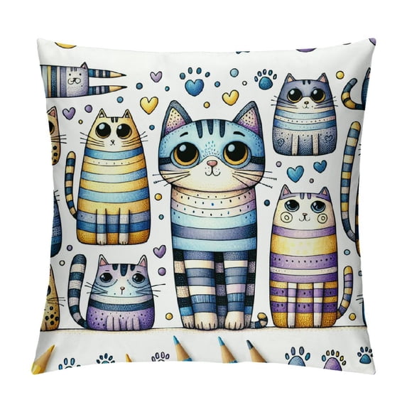 Orinice Kitten Throw Pillow Cushion Cover, Hand Drawn Colorful Cartoon Style Print Domestic Cats Pets Paws in Watercolors, Decorative Square Accent Pillow Case White