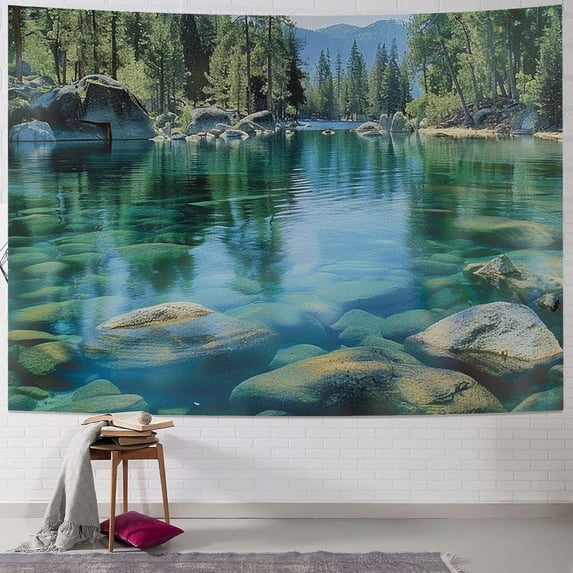 Orinice Lake Rocks Trees Tapestry Wall Hanging Unique Style Graphic Tapestries Home Wall Decor Art for Living Room Bedroom Apartment Farmhouse Dorm 50x40inch