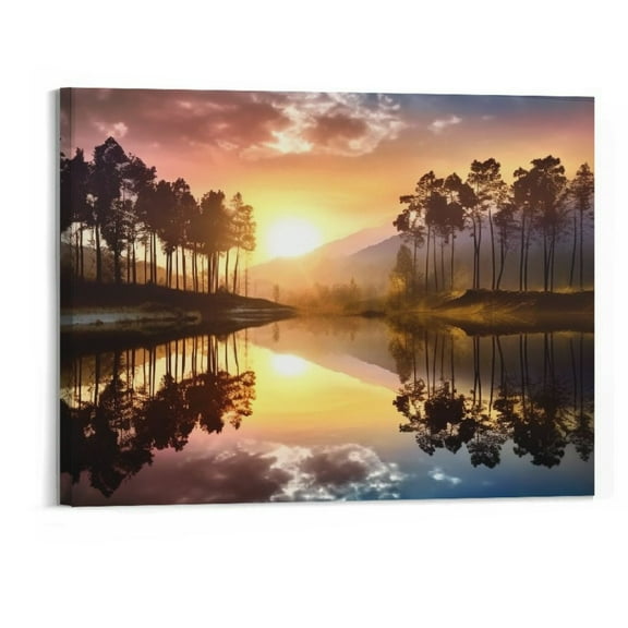Orinice Landscape Canvas Wall Art Framed: Nightfall Sunset Theme Lake Reflection Pictures Mountain Artwork Modern Dusk Nature Scenery Forest Tree Painting Skyline Print for Living Room 20x16inch