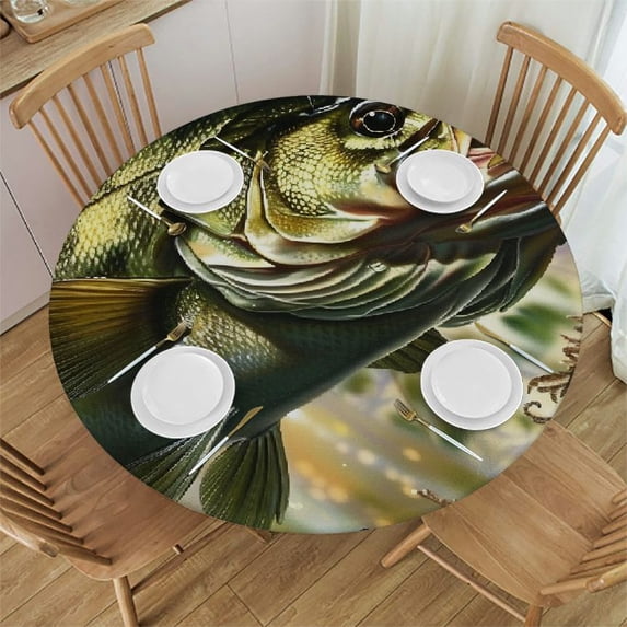 Orinice Large Mouth Bass Round Table Cover Stain Resistant Washable Indoor Outdoor Tablecloth Kitchen Dining Wedding Parties 100% Polyester Fiber 31-35