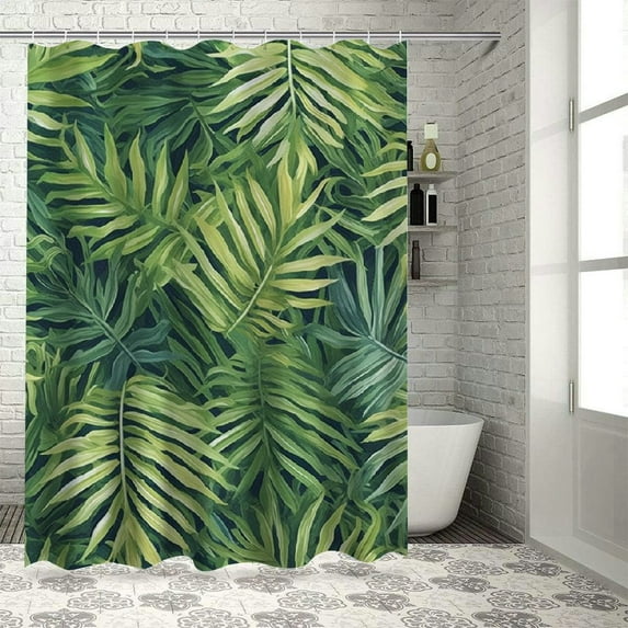 Orinice  Leaf Shower Curtain, Tropical Exotic Banana Forest Palm Tree Leaves Watercolor Design Image, Cloth Fabric Bathroom Decor Set with Hooks,  60x72